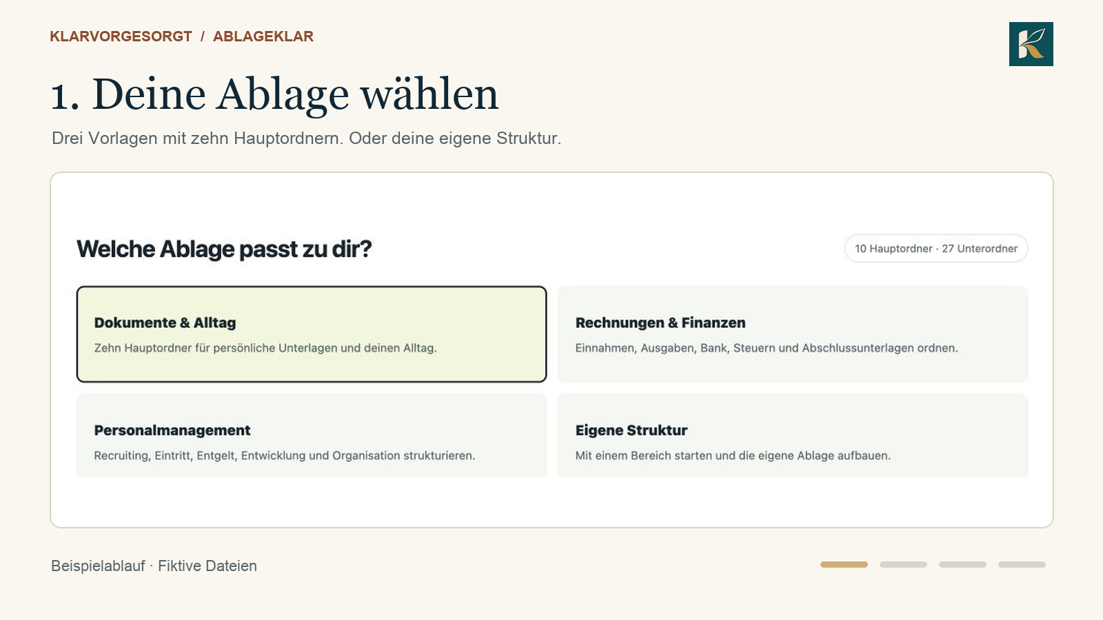 Ablageklar: Vorschau des Beispielablaufs mit echten Produktansichten